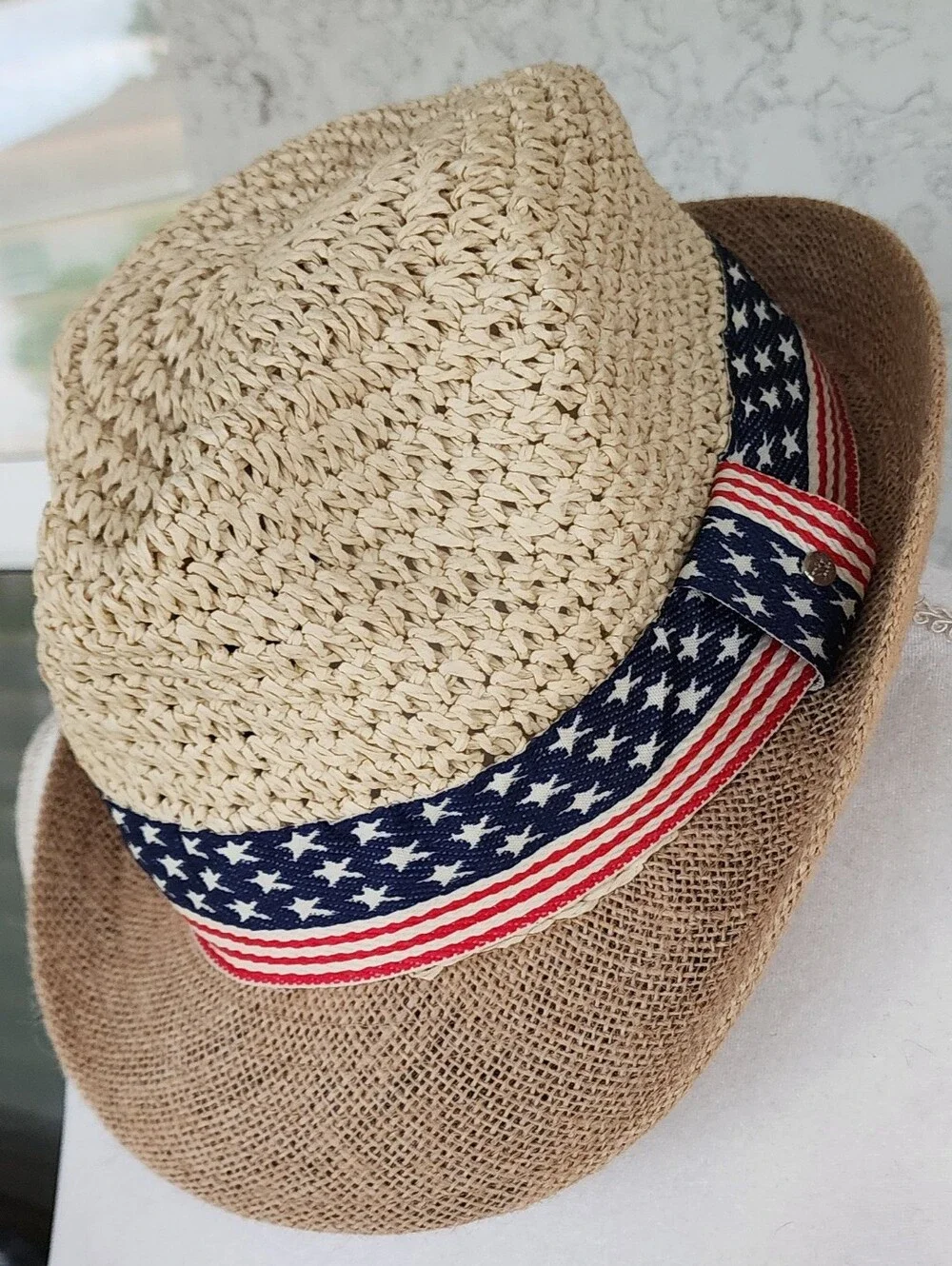 Steve Madden Tan Straw Fedora with Black Sweatband